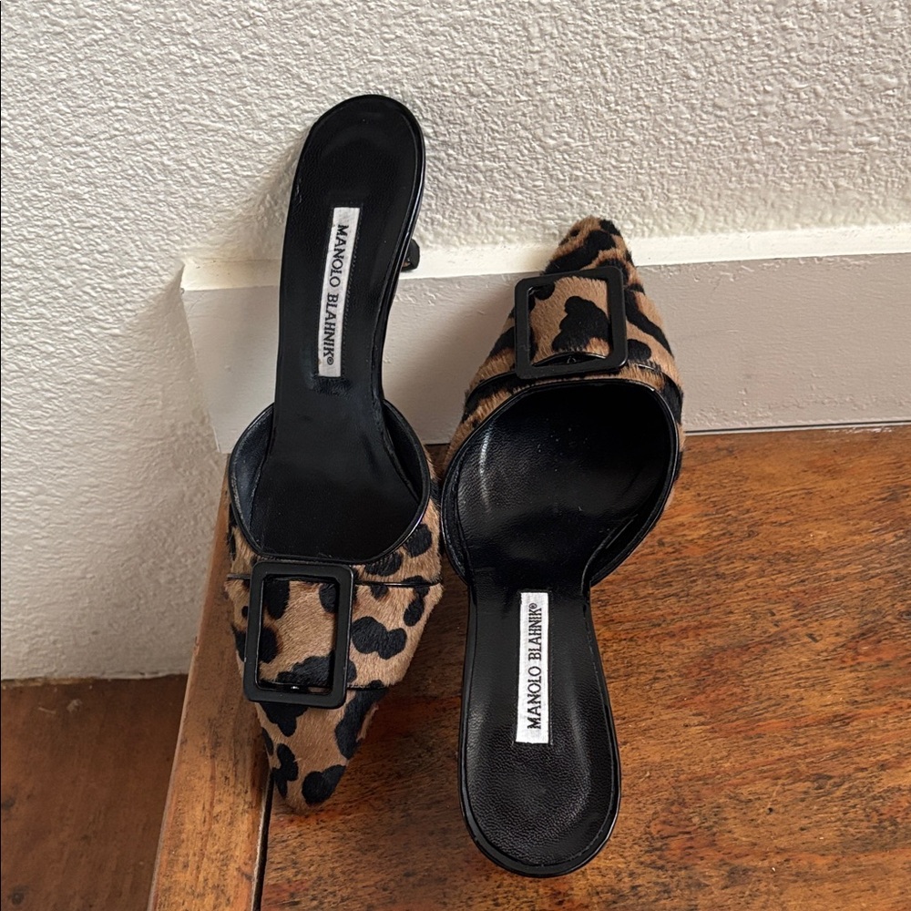 Manolo Blahnik Animal Print Mules with Black Accents